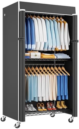 ULIFHOME P8C Heavy Duty Clothes Rack（With Extended Width Design） Rolling Clothing Racks for Hanging Clothes with Lockable Wheels，31.5" W x 15.8" D x 80.5" H，Max Load 600LBS，Black Rack with Black Cover by UlifHome