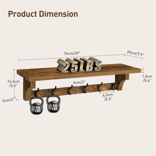 RALGEND 29" Coat Rack Wall Mount Shelf, Entryway Wall Shelf with 6 Metal Hooks, Coat Hangers for Living Room, Modern Wooden Floating Shelves for Bathroom, Bedroom, Kitchen, Rustic Brown 7401BJR1BF - Image 2