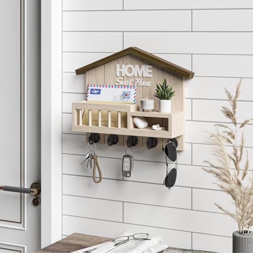 Key and Mail Holder for Wall, Wall Key Holder with Shelf, Key Rack Wall Mount, Wood Key Holder Wall Mount, Mail Organizer Wall Mounted, Entryway & Front Door Key Holder with 5 Hooks(White) - Image 2