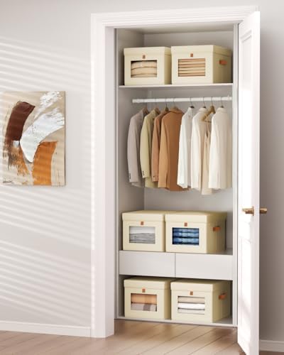 Homsorout Storage Bins with Lid – Closet Organizer with Side Opening and Clear Window, Foldable Stackable Fabric Basket for Clothes, Home, Office - 13.77" x 11.8" x 9.8", 5 Pack, Beige - Image 5