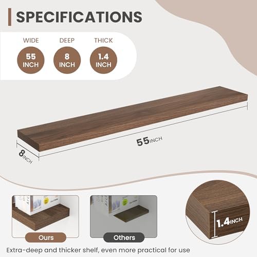 Acovy 55 Inch Floating Shelves, 8 Inch Deep Floating Shelves for Wall, Hanging Shelf with Invisible Brackets, Deep Shelves for Bathroom, Bedroom, Living Room, Walnut, Set of 2 - Image 3
