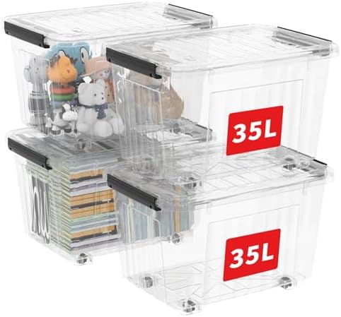 Cetomo 40Qt*4 Plastic Storage Bins, Storage Box, 4 Pack, Organizing Container with Wheels, Durable Lids and Secure Latching Buckles, Stackable and Nestable, Clear with Black Buckle by Cetomo