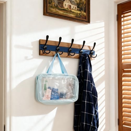 SKOLOO Rustic Wall Mounted Coat Rack - 16-7/8" Long Coat Hooks for Wall with 5 Triple Hooks for Hanging Coats, Hats or Tools, Western National Parks Collection, Wood Brown & Blue, Pack of 2 - Image 3