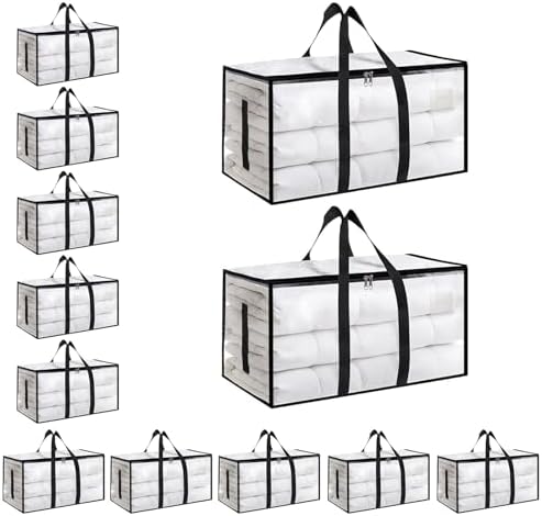 12 Pack-Extra Large Heavy Duty Moving Bags - Waterproof Storage Totes with Handles & Zippers, Foldable for College Dorm, Storage (Clear) by Unknown