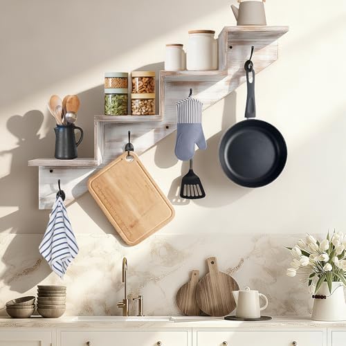 Hookmous Coat Rack Wall Mount with Shelf, White Wall Shelf with Hooks, Sturdy​​ Wooden Rise Staircase Shelves, Space-Saving Decorative Organizer for Entryway, Mudroom, Hallway, Living Room, Bedroom - Image 2