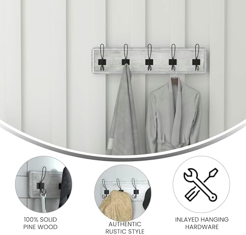 Merrick Lane Enid Hanging Storage Rack - Whitewashed Pine Wood - 24 Inch Wide - 5 Hanging Hooks - Wall Mounting Hardware Included - Image 4