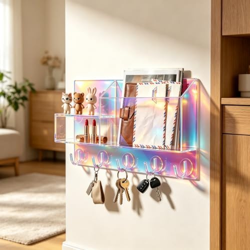 Acrylic Key Holder Wall Mount Mail Organizer for Wall with Shelf Storage Drawer and 5 Hooks, Iridescent - Image 2