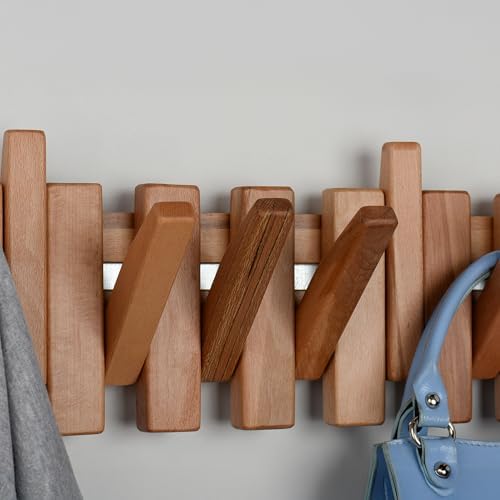 Beech Piano Key Coat Rack with 10 Flip Hooks, Natural - Image 6