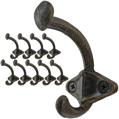 SKOLOO Gold Cast Iron Wall Hooks - Farmhouse Style, Pack of 10, Dual-Direction Hanging Design - Ideal for Coat, Backpack, Towel - Perfect for Entryway, Mud Room, Bathroom Dry Area by SKOLOO