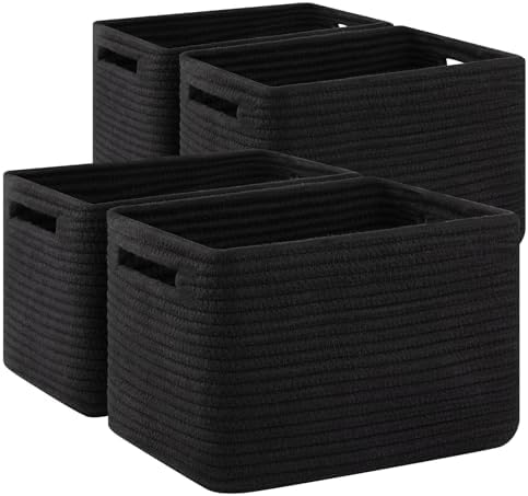 4 Pack Storage Baskets for Organizing Toys, Towels, and Clothes, Woven Basket for Shelves, Sturdy Nursery Cube Bins for Storage, 13''L x9''W x7.8''H, Black by SIXDOVE