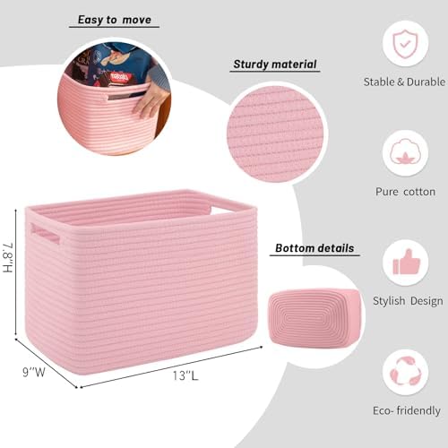 4 Pack Storage Baskets for Organizing Toys, Towels, and Clothes, Woven Basket for Shelves, Sturdy Nursery Cube Bins for Storage, 13''L x9''W x7.8''H, Pink - Image 3