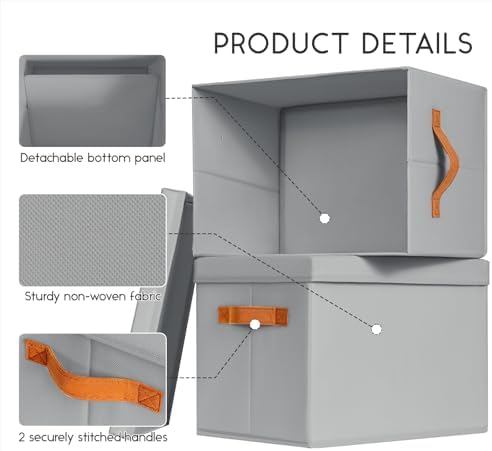 Homsorout Storage Bins with Lids - Large Fabric Closet Bins with Lid, 5 Pack Clothes Organizers and Storage, Collapsible Stackable Cube Basket for Home, Office, Dorm, Grey - Image 4