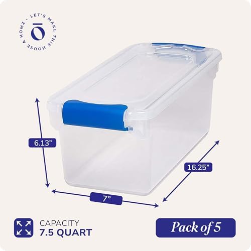 HOMZ Clear Plastic Storage Bins w/Latching Lid, 7.5 Qt, Blue, 5 Pack - Image 4