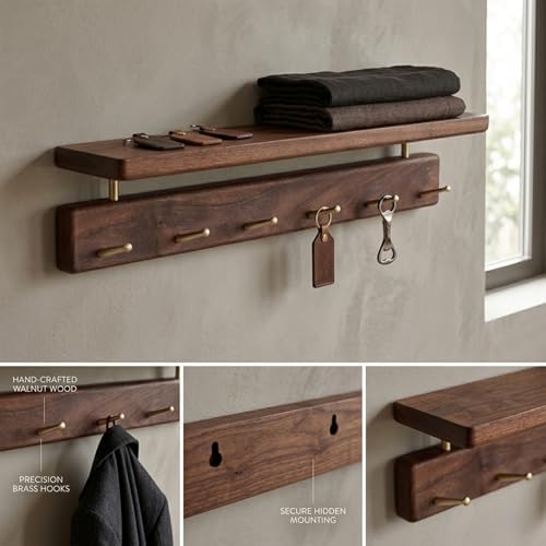Walnut Wood Coat Rack with Shelf, Wall Mounted Rack with 5 Hooks - Image 4
