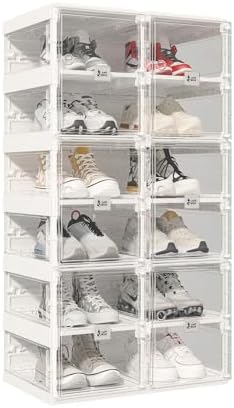 ANTBOX Foldable Shoe Rack,Shoe Organizers for Closet Plastic Shoe Storage Box Space Saving for Entryway, Large Sturdy Stackable Sneaker Cabinet Bins with Magnetic Clear Door 6 Tiers 12 Pairs by ANTBOX