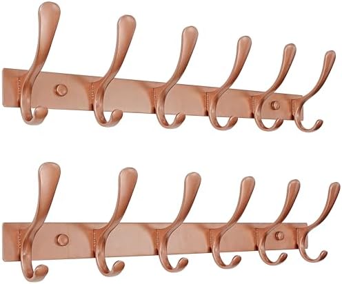 SKOLOO Coat Rack Wall Mounted - 6 Hooks, Pack of 2, Heavy Duty, Stainless Steel, Metal Wall Hanger, Sturdy Coat Hooks for Hanging Coats, Jacket, Clothes, Hat, Matte Rose Gold by SKOLOO