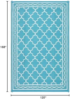 Outdoor Plastic Straw Rug 10x14 Large Patio Rug Vintage Trellis Floor Mat Waterproof Rug for Patio Reversible Outdoor Rugs for RV Beach Patio Camping Backyard Deck Picnic Blue White - Image 2