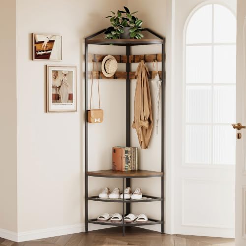 GiftGo Corner Hall Tree with Shoe Bench Entryway Coat Rack with 10 Metal Movable Hooks Floor Standing Clothes Rack Shoes Shelf Organizer for Home Office Bedroom (Rustic Brown) - Image 4
