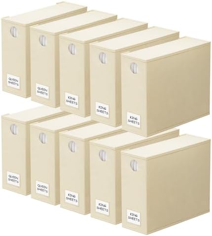 SpaceAid 10 Pack Bed Sheet Organizers and Storage, Foldable Sheet Organizer for Linen Closet, Sheets Set Folder Keeper with Window XL (Queen & King Size) Organizing Bedding Container, Beige by SpaceAid