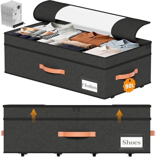 TOSKING 2-Pack Under Bed Storage Drawers with Wheels, 6 Vacuum Bags, Adjustable Height 7.9-10.2", Large 90L/80 lbs Clear Lid, 900D Oxford, Space Saver for Dorm Bedroom, Blankets, Clothes, Shoes, Black by TOSKINGESSENCE