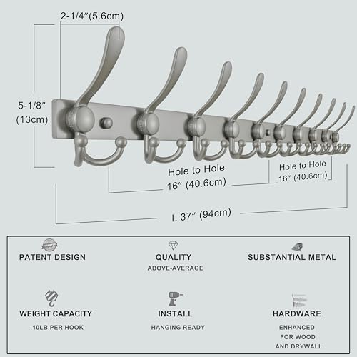 Dseap Coat Rack Wall Mount 37 Inch, Heavy Duty 12-Gauge Base vs Flimsy 1mm, Double-Thick Solid Anti-Snap Hooks, 16” Stud-Mount, Stainless Steel 10-Hook Hanger for Closet Entryway, Grey - Image 7
