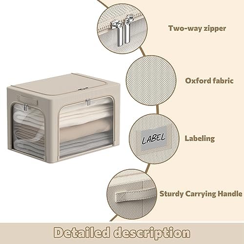 3Pack Clothes Storage Bins - Oxford Frame Storage Box Foldable Stackable Storage Organizer with 3 Openings Design, Metal Frame, Clear Window, Carry Handles (Beige, 100L-23.6 * 16.5 * 15.7in) - Image 4