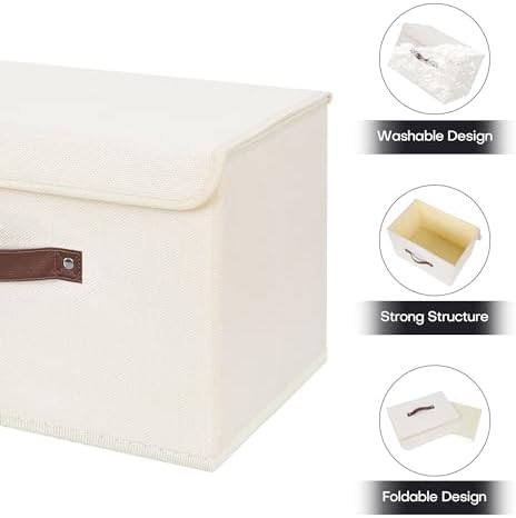 ANMINY Fabric Storage Box Bins with Lids, Beige, 13"x9"x7.9", 4 Pack - Image 3