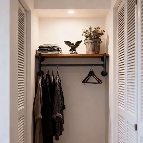 WEBI Wall Mounted Clothes Rack with Shelf,30" Industrial Pipe Clothing Rack with Shelf with Hanging Rod,Heavy Duty Iron Garment Rack Bar,Retail Display Clothes Rod for Laundry Room,Closet,Black - Image 4