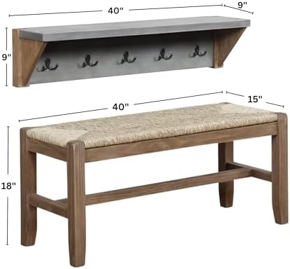 Alaterre Furniture Newport 40" Coat Hook with Shelf and Rush Bench Set - Image 3