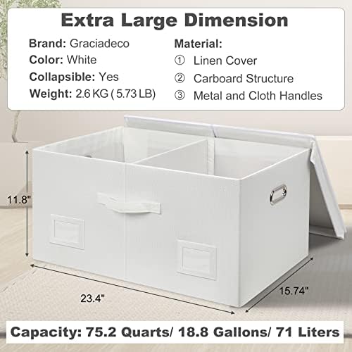 Graciadeco 75 Quarts Extra Large Decorative Storage Bins with Lids, 3 Packs White Collapsible Storage Bins with Lids, Stackable Storage Bins Decorative Box Storage With Lid Extra Large - Image 2