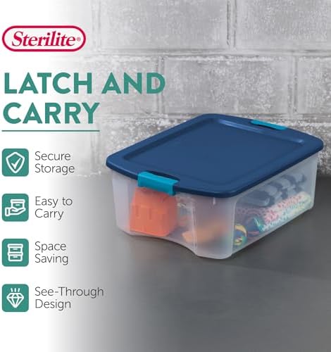 Sterilite 12 Gal Latch and Carry, Stackable Storage Bin with Latching Lid, Plastic Container to Organize Closets, Clear with Blue Lid, 6-Pack - Image 2