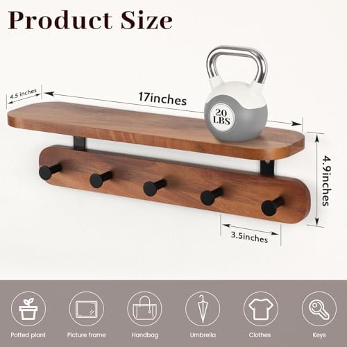 Coat Rack Wall Mount with Shelf, 17" Walnut Wood Wall Shelf with Hooks, Entryway Floating Shelves with 5 Metal Hangers for Coats, Backpacks, Living Room, Bedroom, Bathroom - Image 4