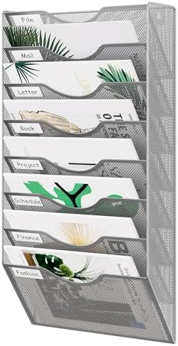 EasyPAG 8 Pocket Mesh Wall File Organizer, Hanging Paper Folder Holder with Classify Label, Vertical Wall Mount Mail Organizer for Office Home Classroom, Silver by EasyPAG