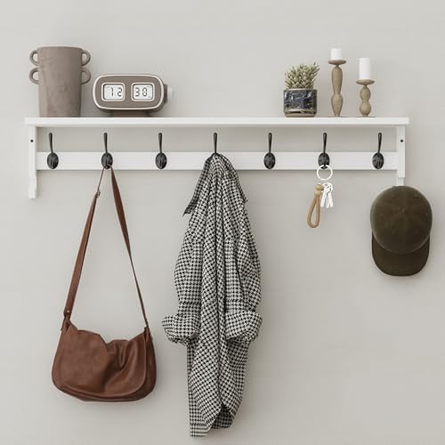 AMBIRD Coat Rack Wall Mount, 35 Inch Large Coat Hooks Wall Mounted with 7 Dual Metal Hooks and 2 Side Hooks, Wall Hooks with Shelf in Entryway, Kitchen, Living Room, Bathroom, Bedroom (White) by AMBIRD