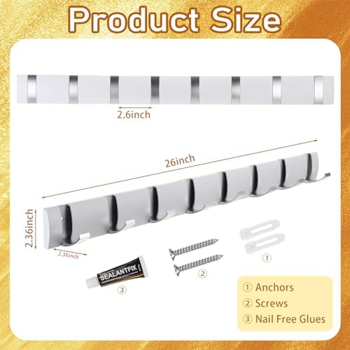 Wesiti 8 Hooks Large Wall Mounted Coat Rack, 26 Inch Floating Rack with Retractable Hook, Door Wall Coat Aluminum Space Saving Hangers for Entryway Bathroom Hat Towel(26 Inch) - Image 2
