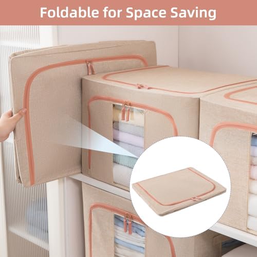 GuliPostan 3 Pack 66L Stackable Clothes Storage Bins with Metal Frame Handles & Zipper, Collapsible Closet Organizer Box with Lid for Bedding Blankets Towel (Beige) - Image 4