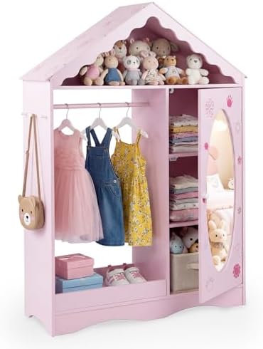 Costzon Kids Dress Up Storage with Mirror, Roofed Wardrobe Closet with Open Hanging Rack, Shelves & Hooks for Children, Kids Armoire & Costume Organizer for Bedroom, Playroom (Pink) by Costzon