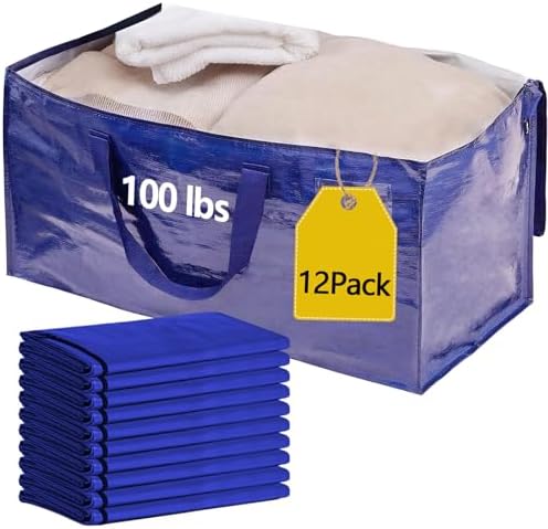 12 Pack Waterproof Moving Storage Bags, 100 lbs Extra Large Heavy Duty Totes with Reinforced Handles & Strong Zippers, Reusable Moving Box Alternative for Packing Moving Household Storage, 95L, Blue by Demiwise