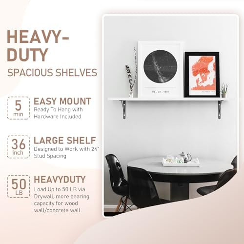 Kaboon 36 inch Long 10 inch Deep Floating Shelves for Wall Set of 2, Large Open Shelves Wall Mounted, Space Saving Home and Commercial Use, White Rock - Image 5