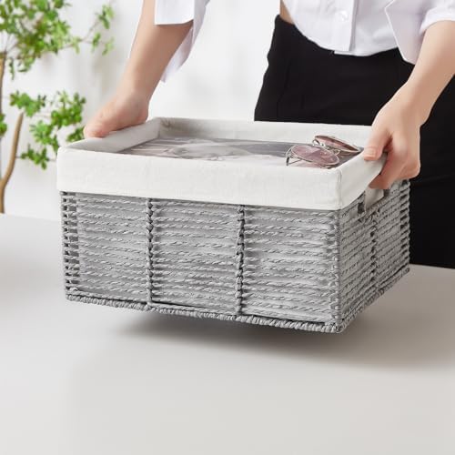 Vagusicc Wicker Storage Basket, 6 Pack Baskets for Organizing, Wicker Baskets with Handle, Rectangular Wicke Basket for Storage Shelves, Cube Storage Bins for Closet/Clothes/Dresser, Grey - Image 3