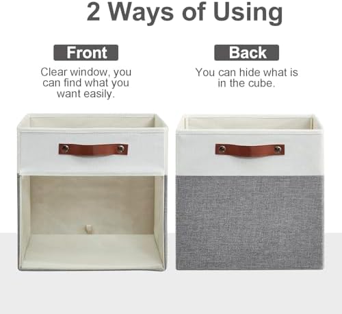 Bagnizer Storage Cubes, 4 Pack Linen Foldable Storage Bins with Clear Window and 2 Handles, 13x15x13 Storage Cube Bins for Shelf Closet, Kallax, Clothes, Books - (Gray / Off-White) - Image 3