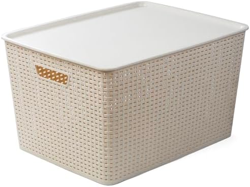 BINO | Plastic Storage Baskets with Lids, 45 Liter - 3 Pack, Natural | THE WOVEN COLLECTION | Storage Basket for Shelves | Woven Storage Baskets for Organizing Bins | Pantry Shelf Organizer Bin - Image 5