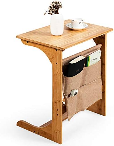 Tangkula Bamboo TV Tray Table for Living Room, Sofa Side Table, Snack End Table w/Storage Bag, C-Shaped Bed Side Table, Multifunctional Bedside Table for Home, Office by TANGKULA