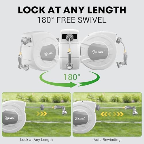 SILVEL 1/2 in x 130 FT Retractable Garden Hose Reel, Upgraded UV Resistant Heavy Duty Automatic Hose Reel Wall Mount with 10 Pattern Nozzle, Any Length Lock & Slow Return System, 180°Swivel Bracket - Image 4
