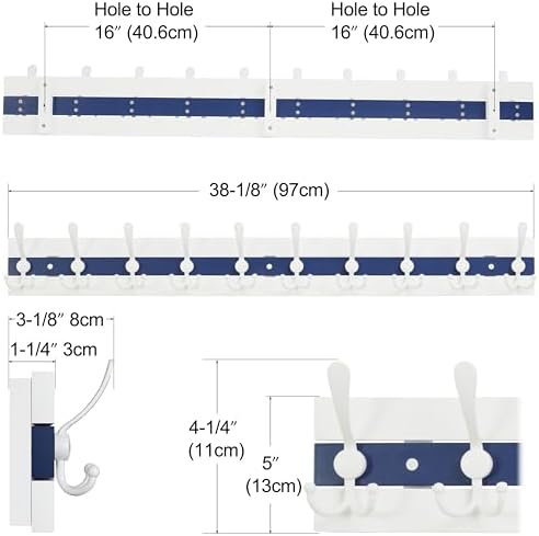 SKOLOO Coastal Wall Mounted Coat Rack - 38-1/8" Beach House Entryway Wooden Coat Hook with 10 Hooks for Hanging Coats, Hats or Towels, Oceanfront Cottage Core Collection, White & Blue - Image 3