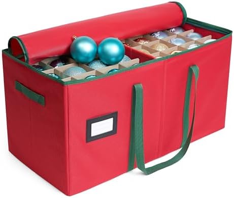 Joiedomi Christmas Ornament Storage Box with Adjustable Divider & Dual Zipper - Christmas Storage Container Store Up to 128 Holiday Ornaments 3 Inch - Holiday Decoration Organizer Two Handles Red by Joiedomi