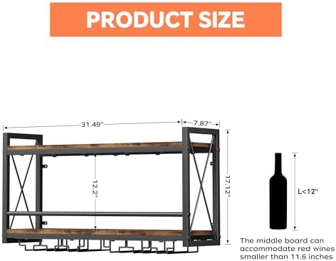 Homeiju Wall Mounted Wine Rack, Bottle & Glass Holder Wood-Metal Retro Wine Rack, Wine Bottles Display Wall Storage for Kitchen Dining Room Home Bar - Image 6