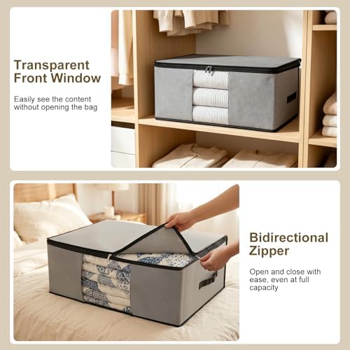 Cozary Pack of 3 60 L Underbed Storage Box, Foldable Storage Bag with Lid and Clear Window, Underbed Storage with Handle for Blankets, Bedding, Grey - Image 5
