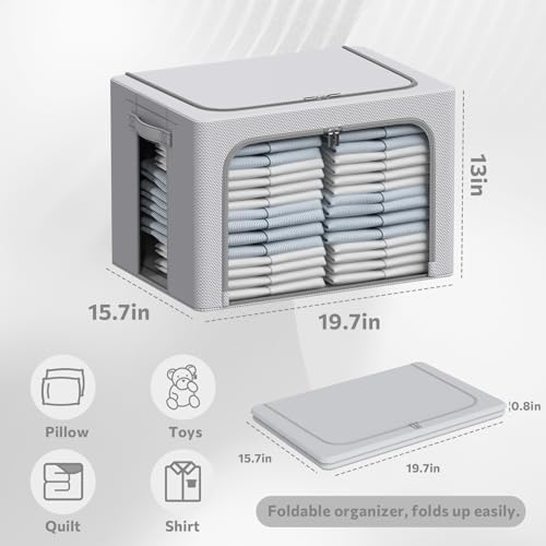 CYhom 3Pack Frame Storage Box - Clothes Storage Bin Bags Oxford Fabric Foldable Stackable Container Organizer Set with Clear Window & Carry Handles Large Capacity (Grey, Large-66L) - Image 6
