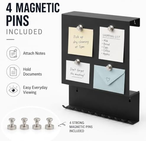 Wall Mounted Key Holder and Mail Organizer with 11 Hooks and 4 Pins,Black - Image 3